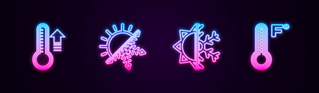 Set line Meteorology thermometer, Sun and snowflake, and . Glowing neon icon. Vector