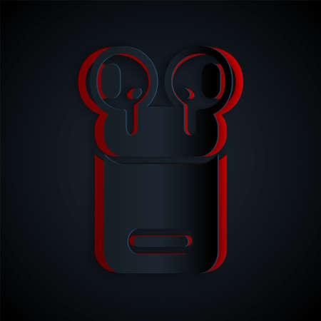 Paper cut Air headphones in box icon isolated on black background. Holder wireless in case earphones garniture electronic gadget. Paper art style. Vectorのイラスト素材
