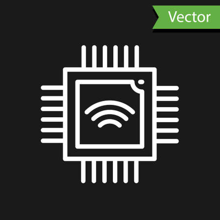 White line Computer processor with microcircuits CPU icon isolated on black background. Chip or cpu with circuit board. Micro processor. Vectorのイラスト素材
