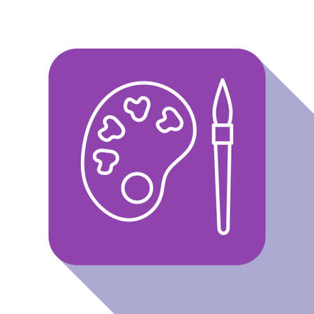 White line Paint brush with palette icon isolated on white background. Purple square button. Vectorのイラスト素材
