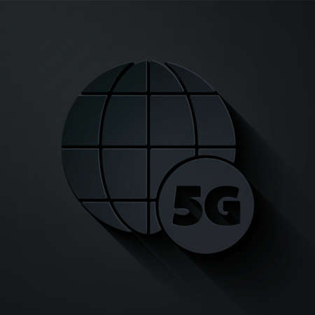 Paper cut 5G new wireless internet wifi connection icon isolated on black background. Global network high speed connection data rate technology. Paper art style. Vectorのイラスト素材