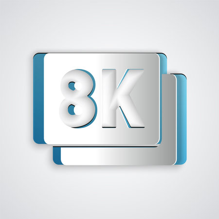 Paper cut 8k Ultra HD icon isolated on grey background. Paper art style. Vector