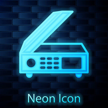 Glowing neon Scanner icon isolated on brick wall background. Scan document, paper copy, print office scanner. Vectorのイラスト素材