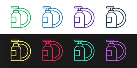 Set line Dishwashing liquid bottle and plate icon isolated on black and white background. Liquid detergent for washing dishes. Vector Illustrationのイラスト素材