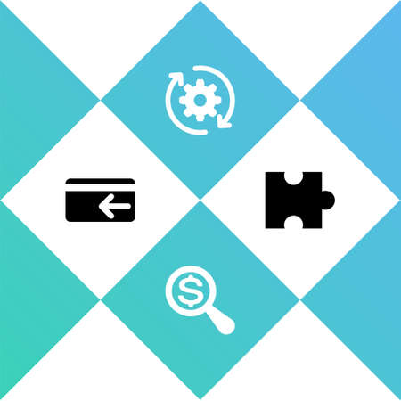 Set Cash back, Magnifying glass and dollar, Gear arrows workflow and Piece of puzzle icon. Vectorのイラスト素材
