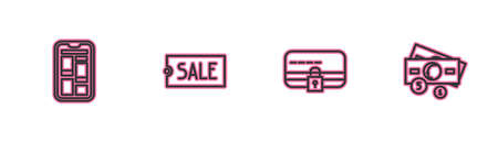 Set line Online shopping on phone, Credit card with lock, Price tag text Sale and Stacks paper money cash icon. Vectorのイラスト素材