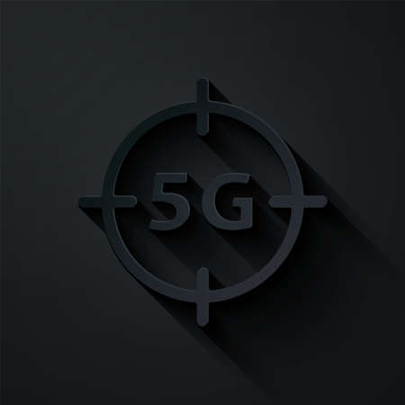 Paper cut 5G new wireless internet wifi connection icon isolated on black background. Global network high speed connection data rate technology. Paper art style. Vectorのイラスト素材