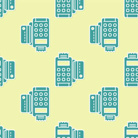 Green POS terminal with inserted credit card and printed reciept icon isolated seamless pattern on yellow background. NFC payment concept. Vector Illustrationのイラスト素材