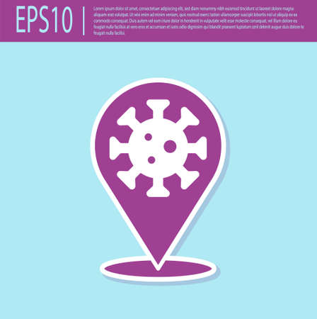 Retro purple Corona virus 2019-nCoV on location icon isolated on turquoise background. Bacteria and germs, cell cancer, microbe, fungi. Vector.のイラスト素材