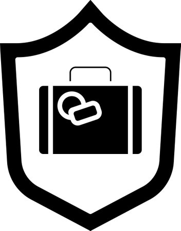 Black Travel suitcase with shield icon isolated on white background. Traveling baggage insurance. Security, safety, protection, protect concept. Vector.のイラスト素材
