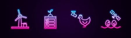 Set line Wind turbine, Smart farming technology, Chicken and camera and with drone. Glowing neon icon. Vectorのイラスト素材