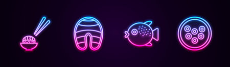 Set line Sushi, Fish steak, Puffer fish and Caviar on plate. Glowing neon icon. Vectorのイラスト素材