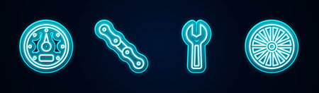 Set line Speedometer, Car chain, Wrench spanner and Alloy wheel. Glowing neon icon. Vectorのイラスト素材
