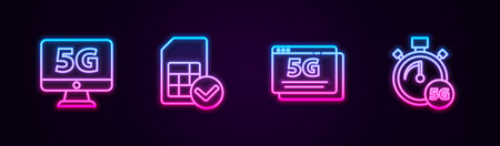 Set line Monitor with 5G network, Sim card, and Digital speed meter. Glowing neon icon. Vectorのイラスト素材