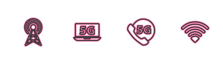 Set line Antenna, Phone with 5G network, Laptop and WiFi wireless icon. Vectorのイラスト素材