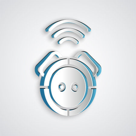 Paper cut Robot vacuum cleaner icon isolated on grey background. Home smart appliance for automatic vacuuming, digital device for house cleaning. Paper art style. Vectorのイラスト素材