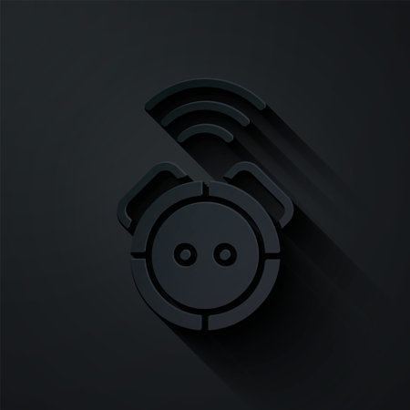 Paper cut Robot vacuum cleaner icon isolated on black background. Home smart appliance for automatic vacuuming, digital device for house cleaning. Paper art style. Vectorのイラスト素材