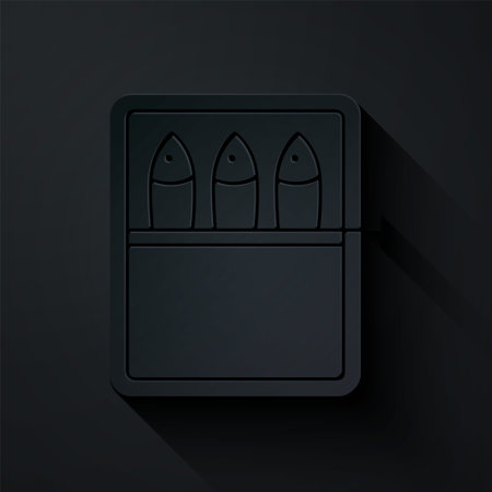 Paper cut Canned fish icon isolated on black background. Paper art style. Vector.のイラスト素材