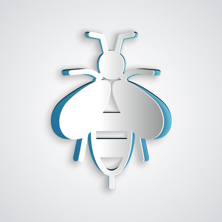Paper cut Bee icon isolated on grey background. Sweet natural food. Honeybee or apis with wings symbol. Flying insect. Paper art style. Vectorのイラスト素材