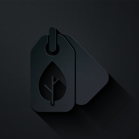 Paper cut Tag with leaf symbol icon isolated on black background. Banner, label, tag,  sticker for eco green. Paper art style. Vectorのイラスト素材