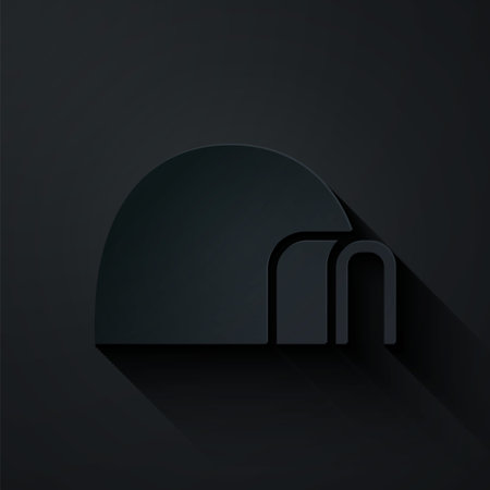Paper cut Igloo ice house icon isolated on black background. Snow home, Eskimo dome-shaped hut winter shelter, made of blocks. Paper art style. Vectorのイラスト素材