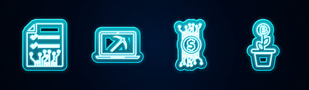 Set line Smart contract, Mining with laptop and pickaxe, Cryptocurrency bitcoin circuit and Bitcoin plant the pot. Glowing neon icon. Vectorのイラスト素材