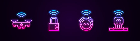 Set line Smart drone, safe combination lock, Robot vacuum cleaner and sensor. Glowing neon icon. Vectorのイラスト素材