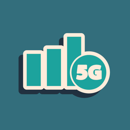 Green 5G new wireless internet wifi connection icon isolated on green background. Global network high speed connection data rate technology. Long shadow style. Vectorのイラスト素材