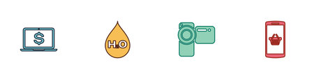Set Laptop with dollar, Water drop H2O, Cinema camera and Shopping basket on mobile icon. Vector