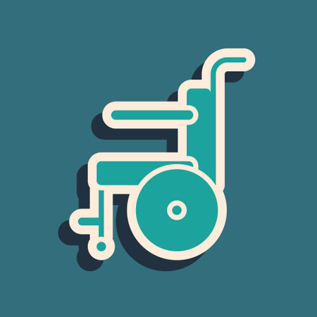 Green Wheelchair for disabled person icon isolated on green background. Long shadow style. Vector Illustrationのイラスト素材