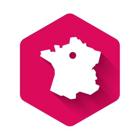 White Map of France icon isolated with long shadow. Pink hexagon button. Vectorのイラスト素材