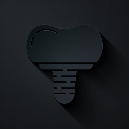 Paper cut Dental implant icon isolated on black background. Paper art style. Vectorのイラスト素材