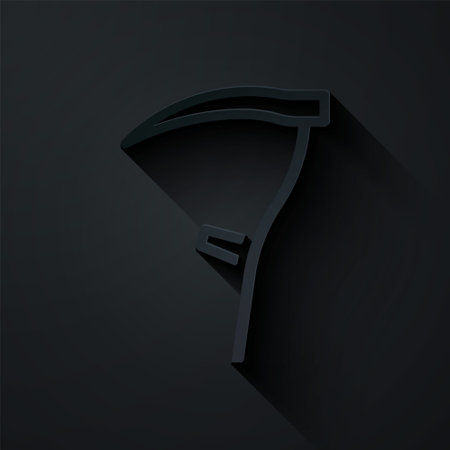 Paper cut Scythe icon isolated on black background. Happy Halloween party. Paper art style. Vectorのイラスト素材