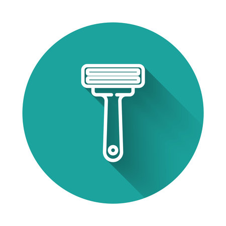 White line Shaving razor icon isolated with long shadow. Green circle button. Vector Illustrationのイラスト素材
