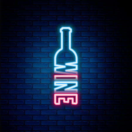 Glowing neon line Bottle of wine icon isolated on brick wall background. Lettering bottle of wine. Colorful outline concept. Vectorのイラスト素材