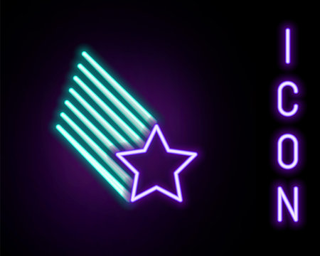 Glowing neon line Falling star icon isolated on black background. Shooting star with star trail. Meteoroid, meteorite, comet, asteroid, star icon. Colorful outline concept. Vectorのイラスト素材
