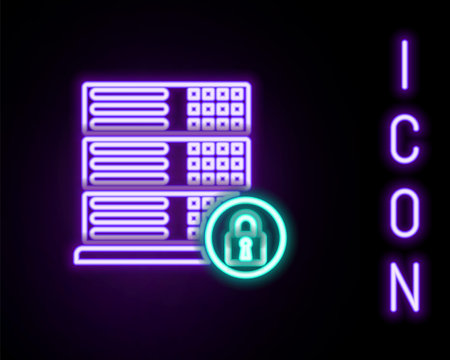 Glowing neon line Server security with closed padlock icon isolated on black background. Security, safety, protection concept. Colorful outline concept. Vectorのイラスト素材