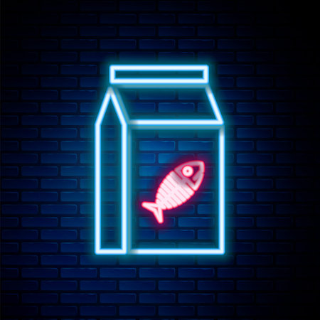Glowing neon line Bag of food for cat icon isolated on brick wall background. Fish skeleton sign. Food for animals. Pet food package. Colorful outline concept. Vectorのイラスト素材