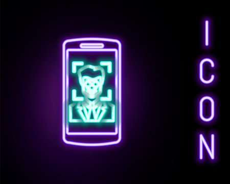Glowing neon line Mobile phone and face recognition icon isolated on black background. Face identification scanner icon. Facial id. Cyber security. Colorful outline concept. Vectorのイラスト素材