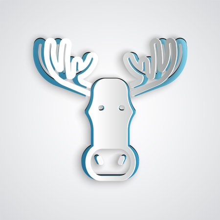 Paper cut Moose head with horns icon isolated on grey background. Paper art style. Vectorのイラスト素材