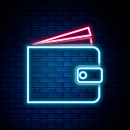 Glowing neon line Wallet icon isolated on brick wall background. Colorful outline concept. Vectorのイラスト素材