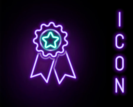 Glowing neon line Medal with star icon isolated on black background. Winner achievement sign. Award medal. Colorful outline concept. Vectorのイラスト素材