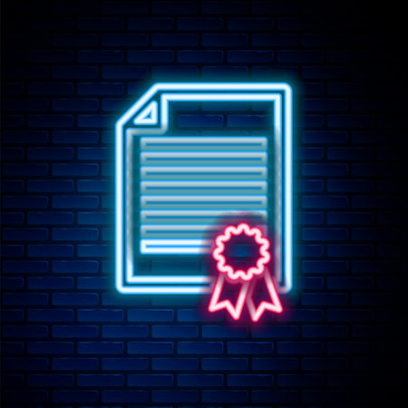 Glowing neon line Certificate template icon isolated on brick wall background. Achievement, award, degree, grant, diploma. Business success certificate. Colorful outline concept. Vectorのイラスト素材