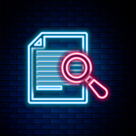 Glowing neon line Document with search icon isolated on brick wall background. File and magnifying glass icon. Analytics research sign. Colorful outline concept. Vectorのイラスト素材