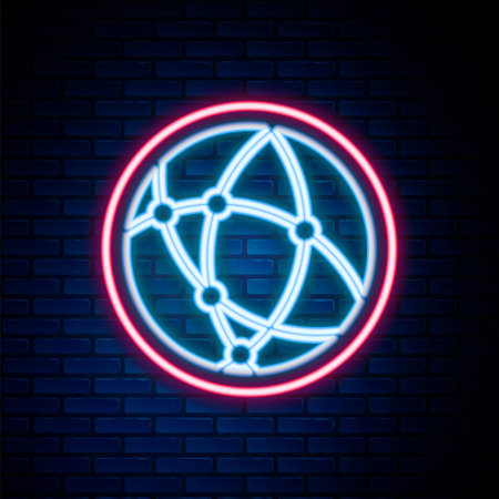 Glowing neon line Global technology or social network icon isolated on brick wall background. Colorful outline concept. Vectorのイラスト素材
