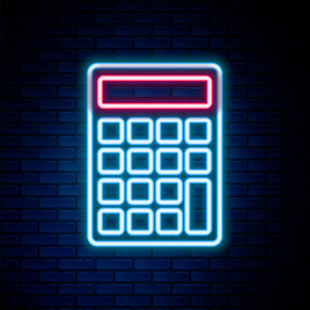 Glowing neon line Calculator icon isolated on brick wall background. Accounting symbol. Business calculations mathematics education and finance. Colorful outline concept. Vectorのイラスト素材