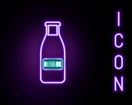 Glowing neon line Closed glass bottle with milk and cap icon isolated on black background. Colorful outline concept. Vectorのイラスト素材