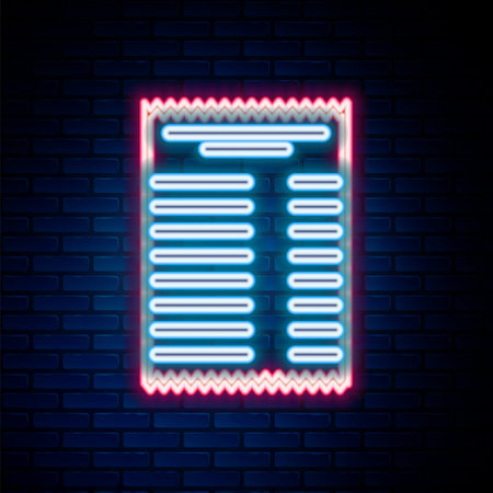 Glowing neon line Paper check and financial check icon isolated on brick wall background. Paper print check, shop receipt or bill. Colorful outline concept. Vectorのイラスト素材
