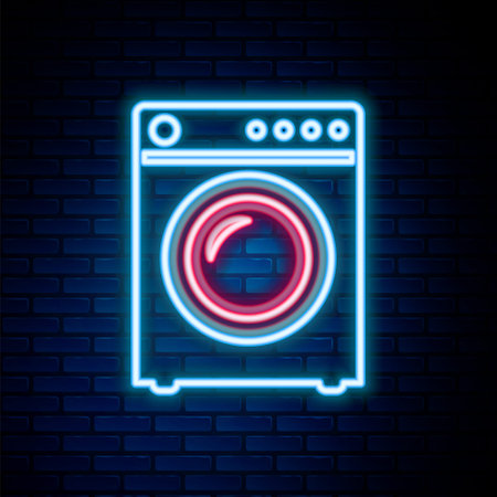Glowing neon line Washer icon isolated on brick wall background. Washing machine icon. Clothes washer - laundry machine. Home appliance symbol. Colorful outline concept. Vectorのイラスト素材