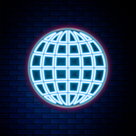 Glowing neon line Earth globe icon isolated on brick wall background. Colorful outline concept. Vectorのイラスト素材